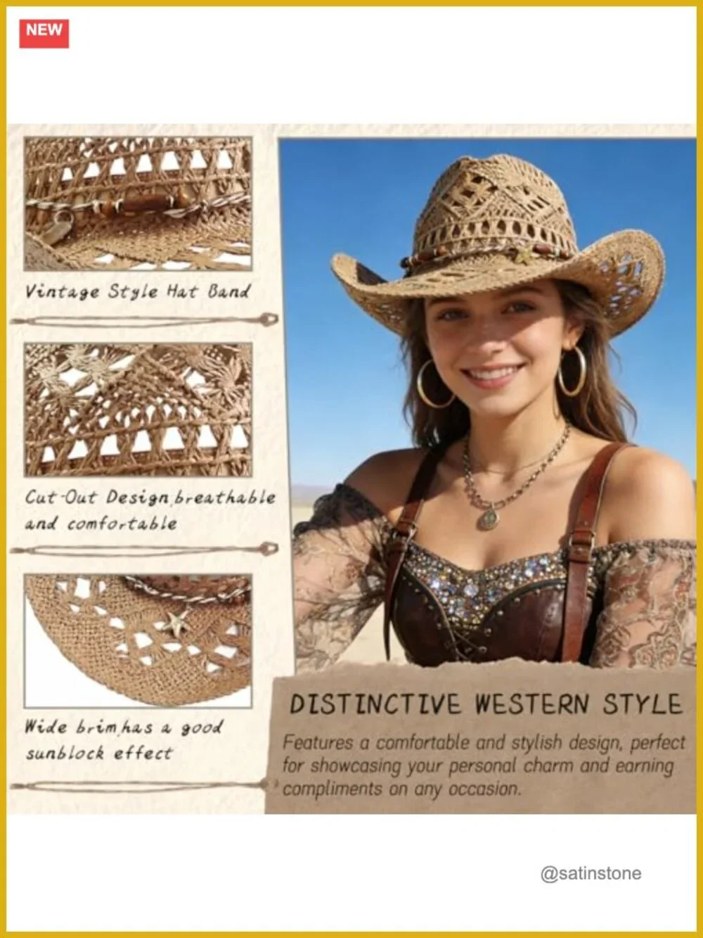 Straw Cowboy Hat with Interchangeable Bands, Wide Brim Sun Hat